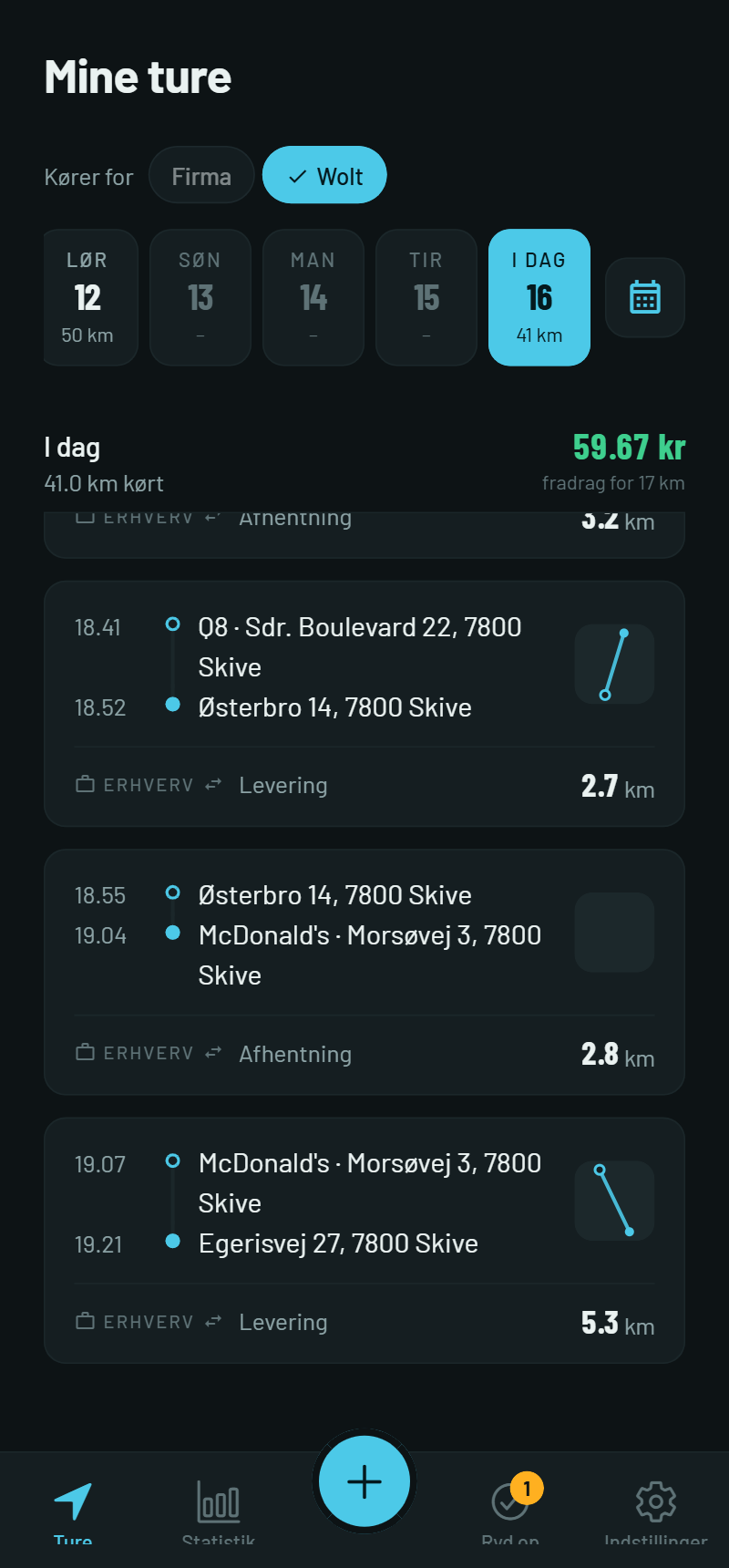 Appen Kørt: dagens ture for en Wolt-vagt i Skive — McDonald's, Q8 og kundeadresser med tidspunkter, km og dagens fradrag